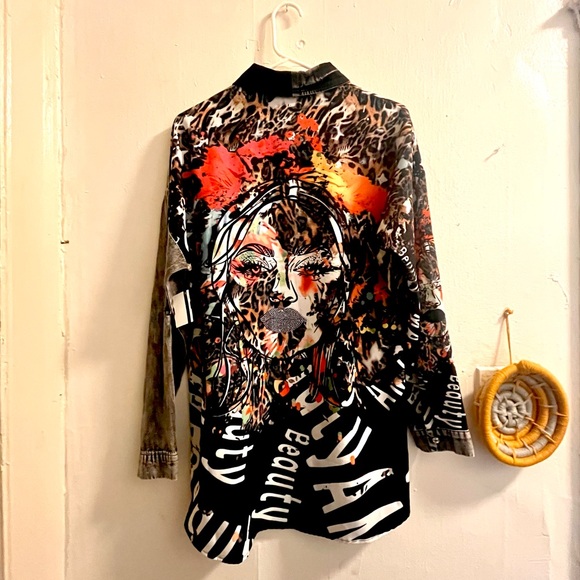 nwt 🆕 frank lyman black leopard print mixed media jeweled button up shirt - Picture 12 of 16